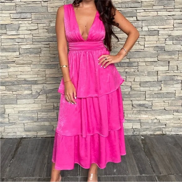 NWT Lulus Peak Party Vibe Hot Pink Satin Tiered Tie-Back Midi Dress - Picture 1 of 4